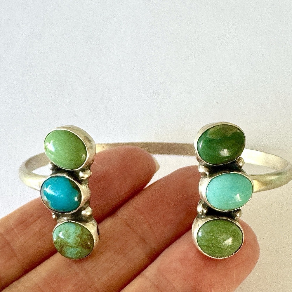 Mixed Turquoise Navajo Reverse Cuff Bracelet 6.5in Signed James 14g Sterling USA